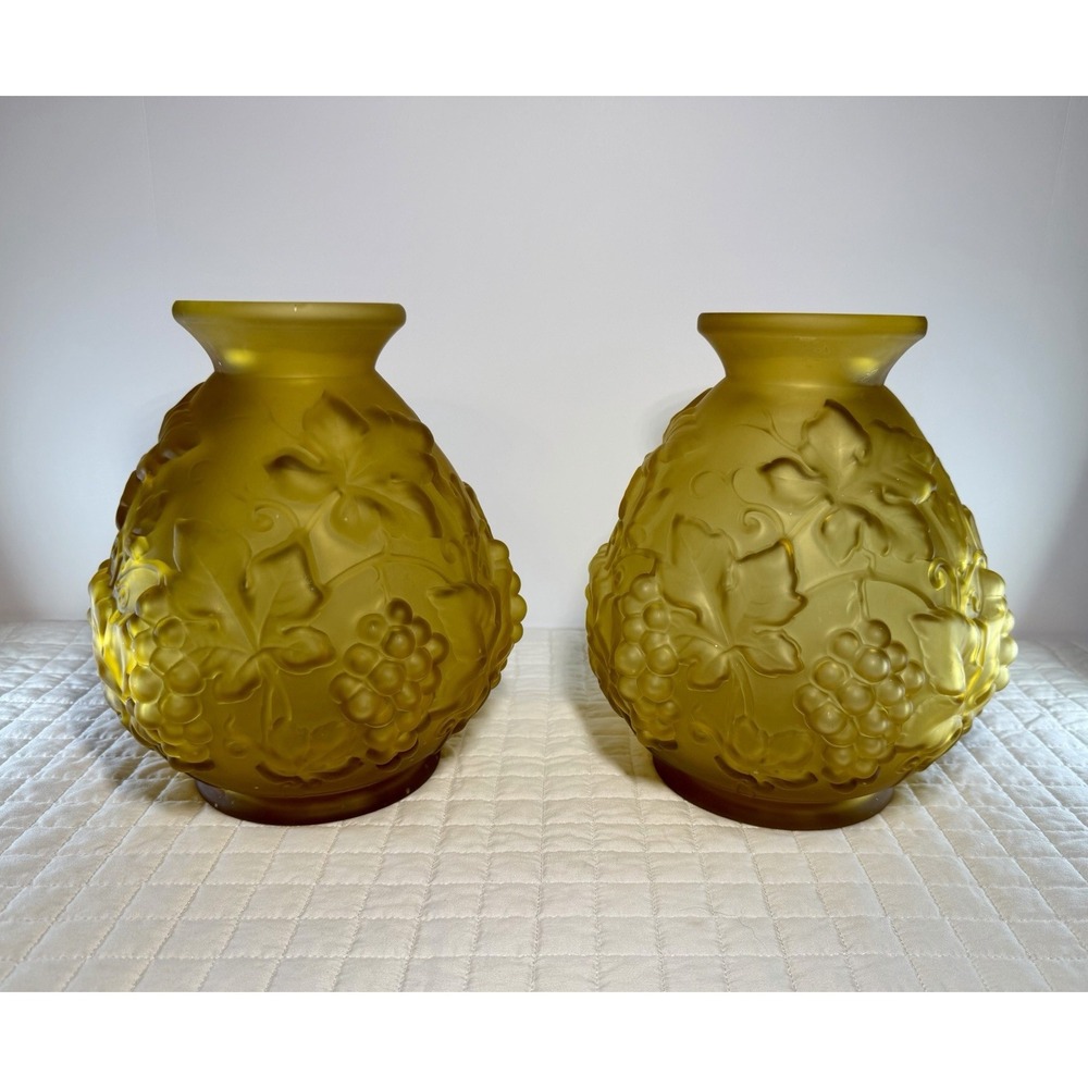 Etaleune Paris France Signed Satin Art Glass Grape Vine Vase Pair Antique - Picture 5 of 16